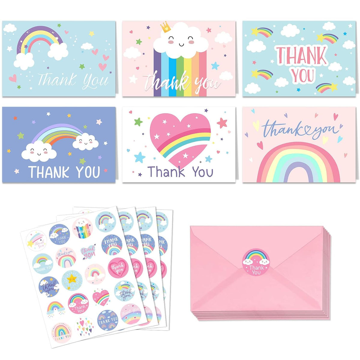 24 Pcs Rainbow Thank You Cards With Envelopes And Stickers Thank You Notes For Birthday Shower Party Favors Wedding Supplies