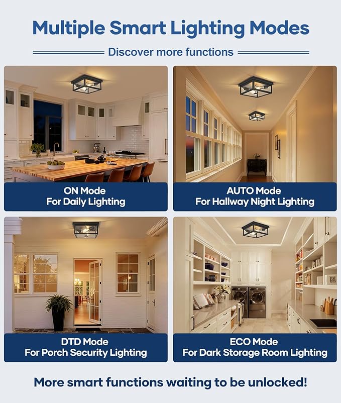 12.2 Inch Motion Sensor Outdoor Ceiling Light with Remote Black Flush Mount Fixture