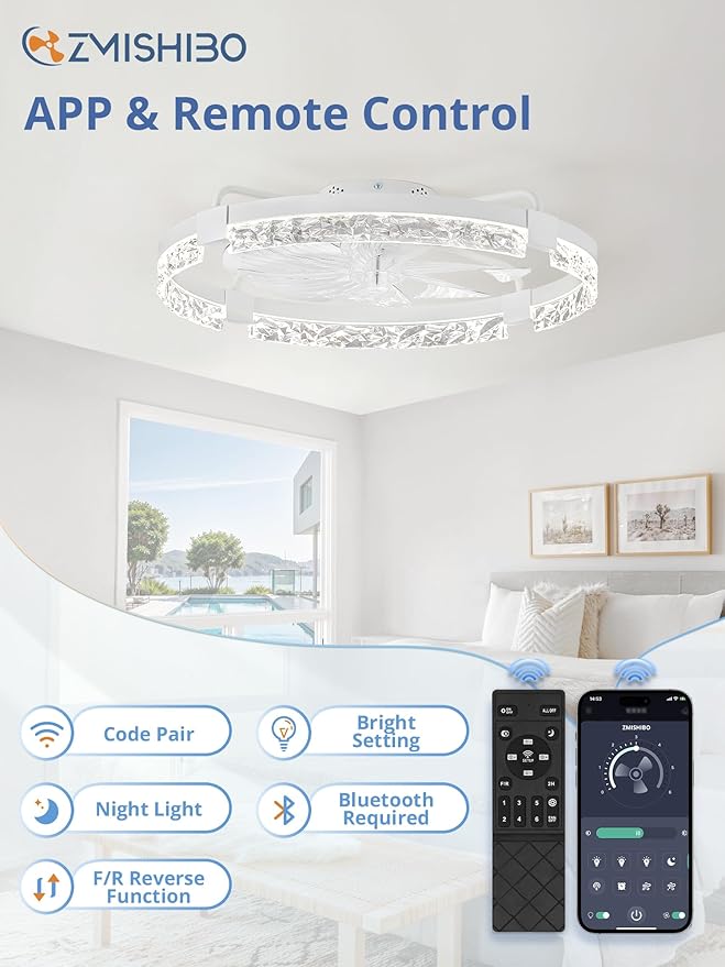 24 Inch Low Profile Ceiling Fan with Light and Remote Dimmable Bladeless Ceiling Fan