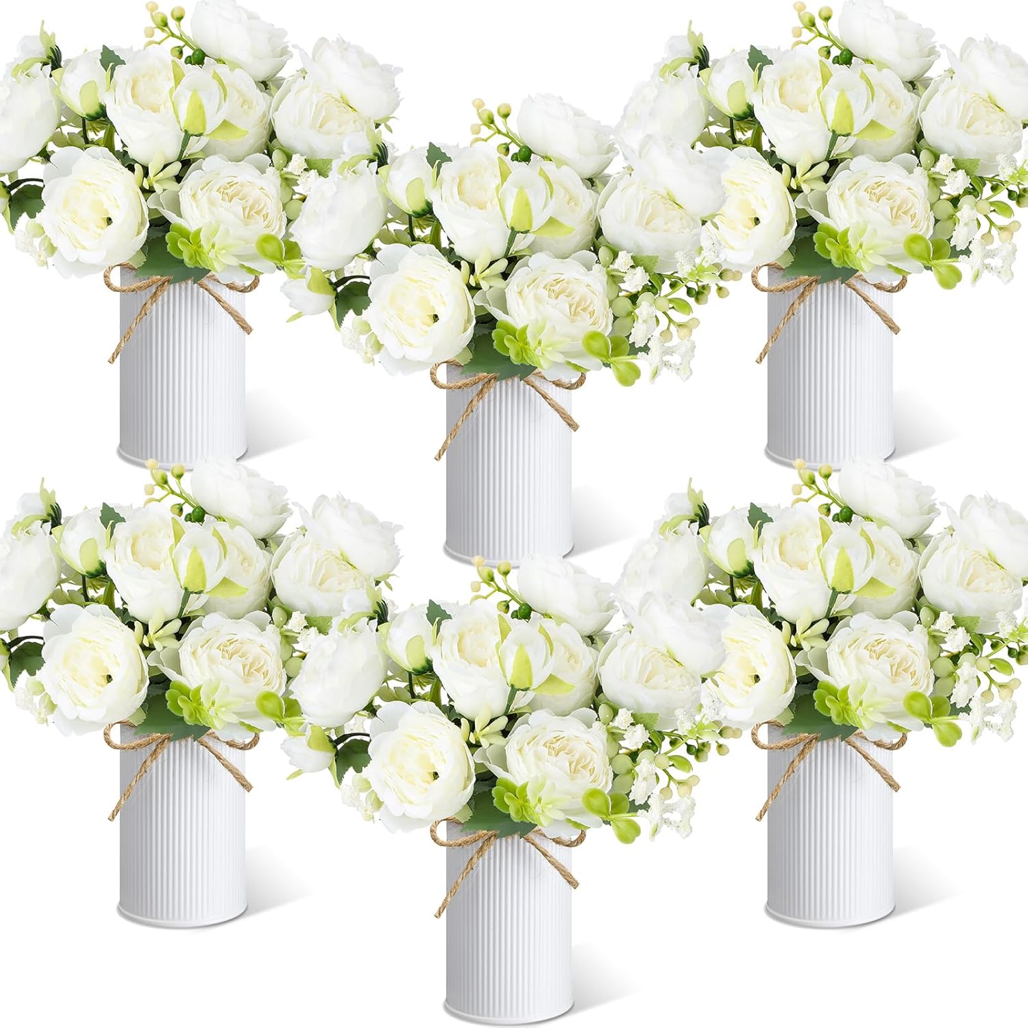 6 Sets Artificial Peonies Flower Peony Bouquet With Galvanized Metal Pot Silk Fake Peonies Faux Flower Arrangements For Wedding Table Centerpiece Party Home Room (White)