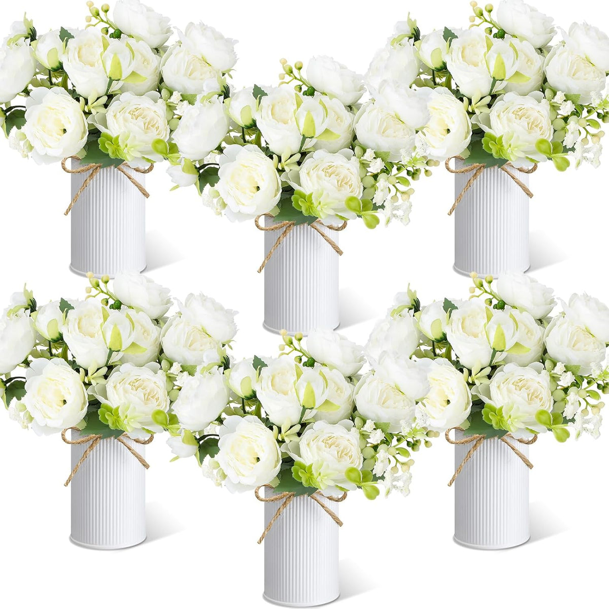 6 Sets Artificial Peonies Flower Peony Bouquet With Galvanized Metal Pot Silk Fake Peonies Faux Flower Arrangements For Wedding Table Centerpiece Party Home Room (White)