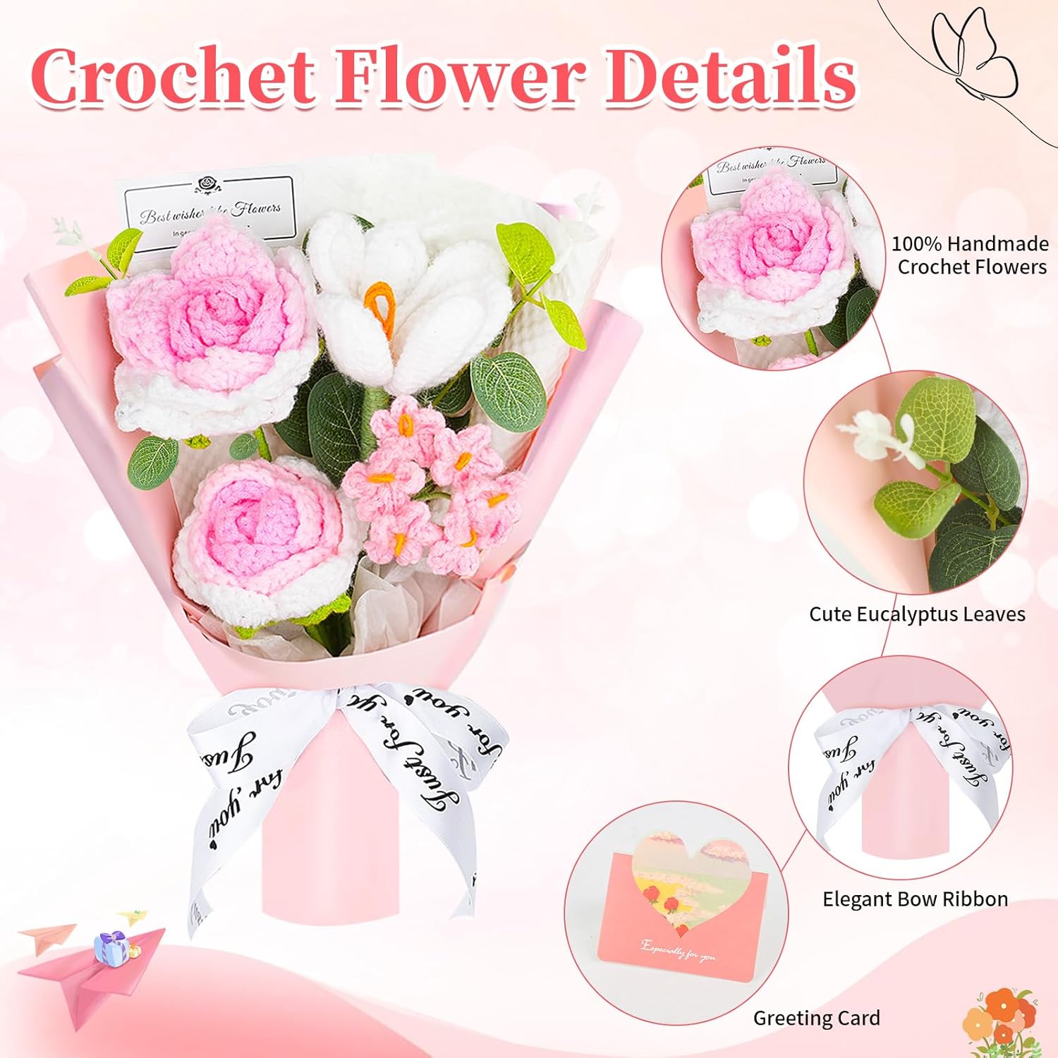 Crochet Flower Bouquet Handmade Crocheted Flowers - Elegant Rose, Tulip & Forget Me Not Set, Diy Home Decor, Wedding Gift, Mother’S Day Present, Spring Decoration