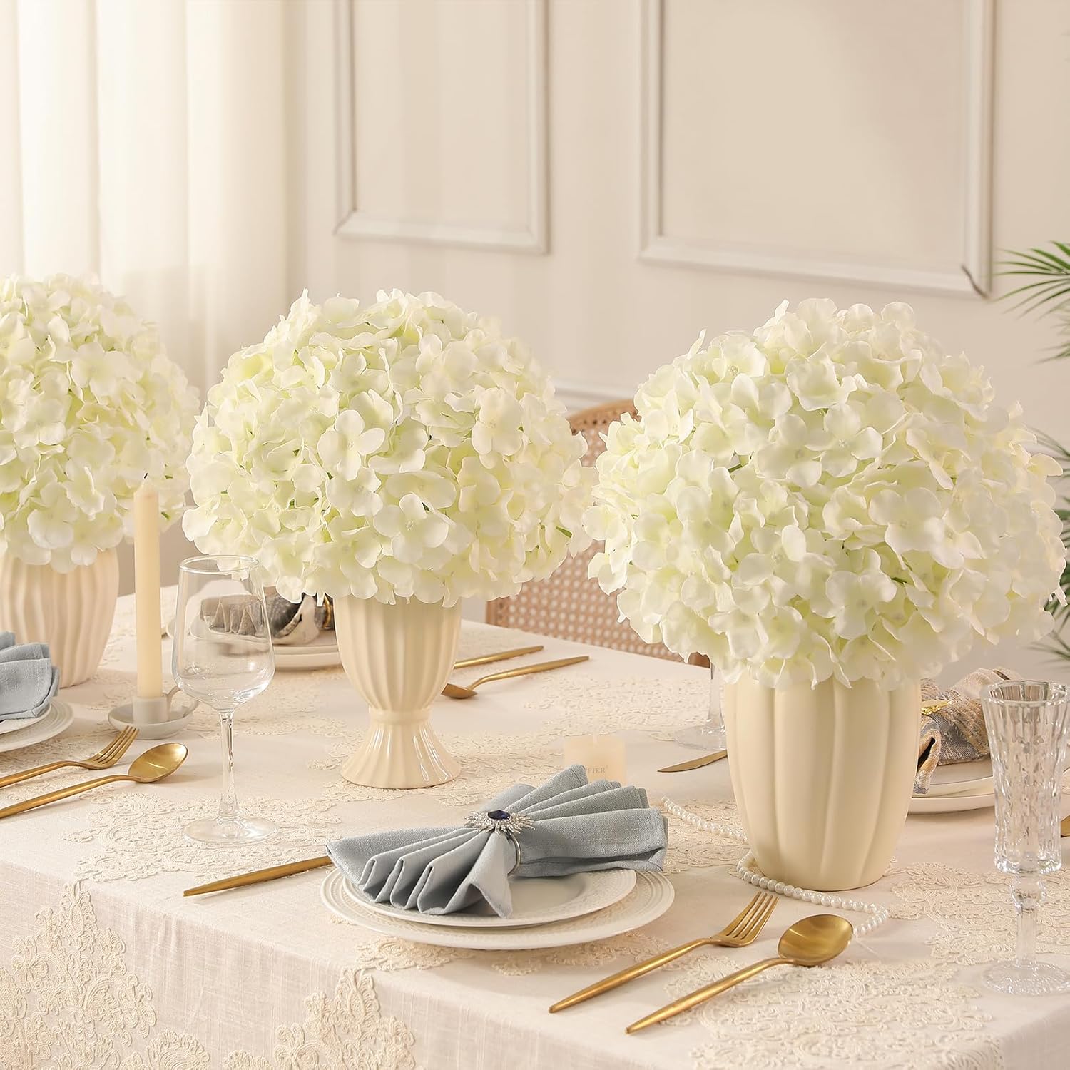 20Pcs White Hydrangea Artificial Flowers, Ivory Faux Hydrangea Flowers, Silk Flowers Heads With Stems, Fake Hydrangeas For Home Decor Wedding Party Centerpieces Diy Floral Arrangements