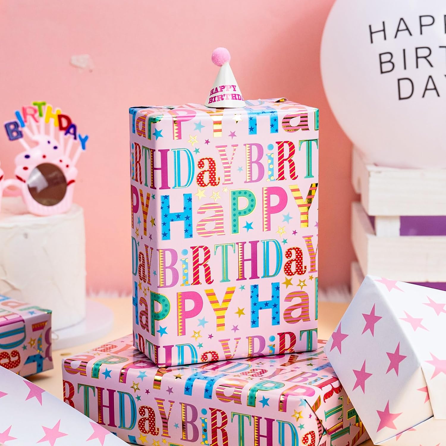 Pink Birthday Wrapping Paper Roll - Colorful Happy Birthday Letters With Metallic Foil Shine & Stars Reversible Gift Wrap For Girls Baby Shower, Party - Mini Roll - 17 Inch X 16.5 Feet