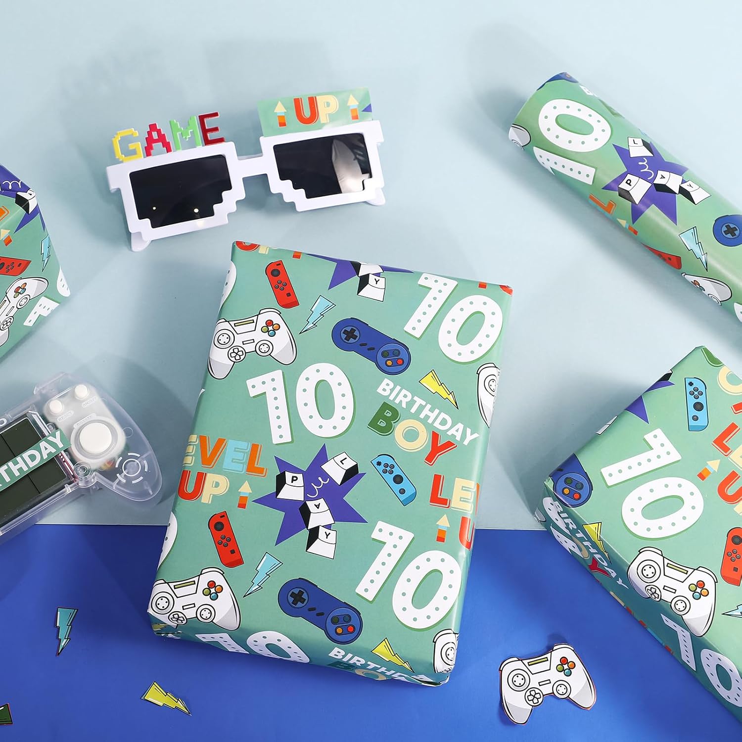 10Th Birthday Wrapping Paper Roll - Mini Roll - 17 Inch X 16.5 Feet - Gaming Boys Happy Birthday Wrapping Paper For Boys, Game Lover, Party, Holiday