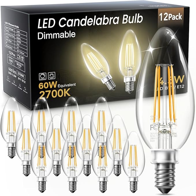 Dimmable E12 LED Candelabra Bulbs 2700K Warm White B11 Vintage Chandelier Light Bulbs 12 Pack
