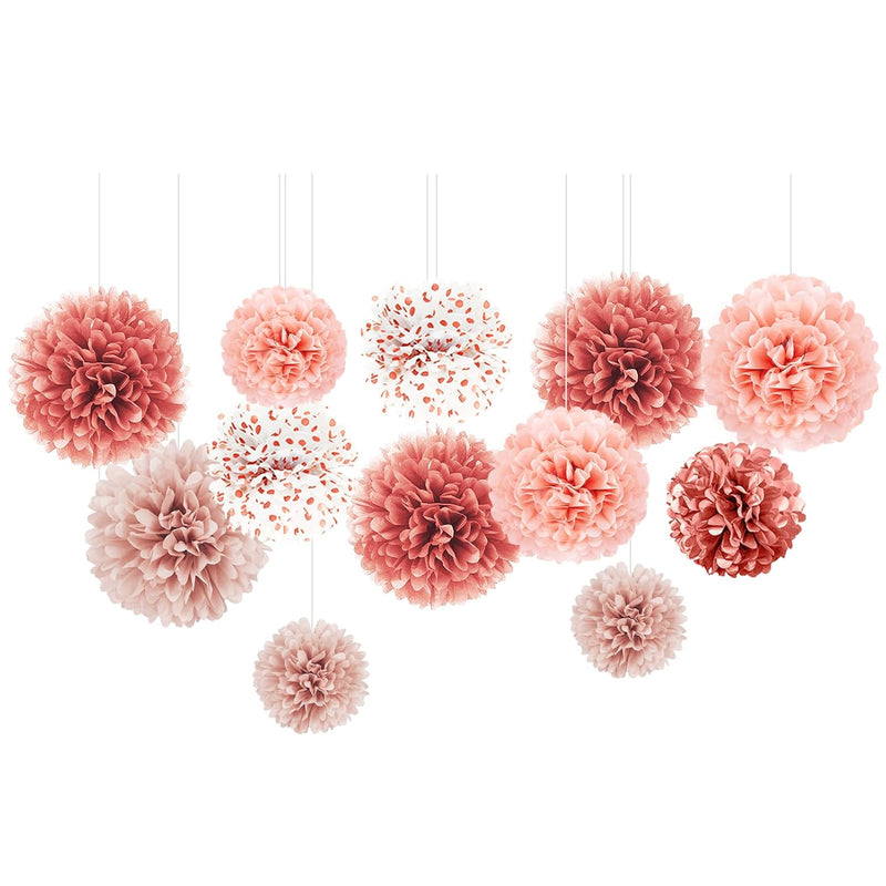 Wedding Decorations - 12 Pcs Rose Gold Tissue Paper Pom Poms For Engag