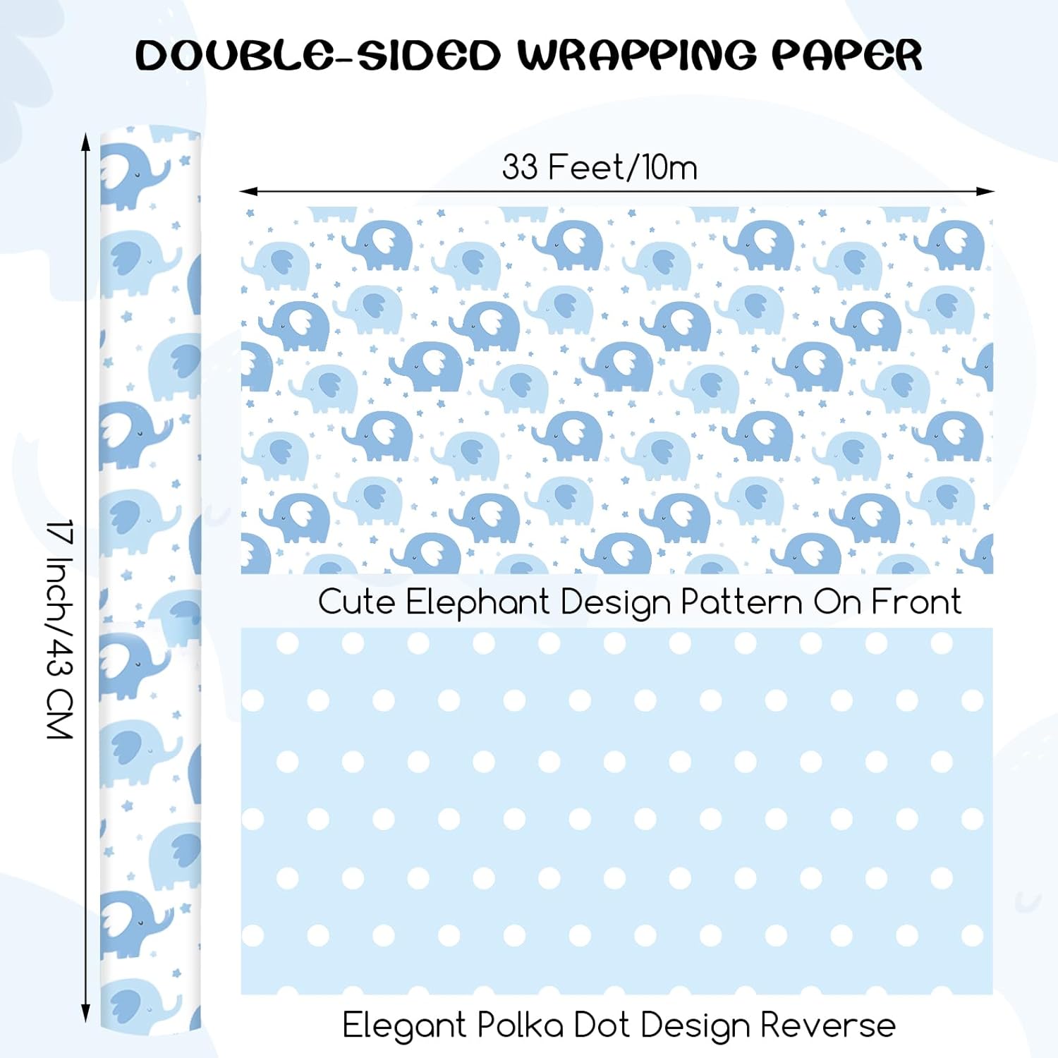 Reversible Baby Shower Wrapping Paper Roll 17 Inch X 33 Feet Blue Elephant Design Gift Wrapping Paper For Baby Shower, New Baby, Boy'S 1St Birthday, Celebration