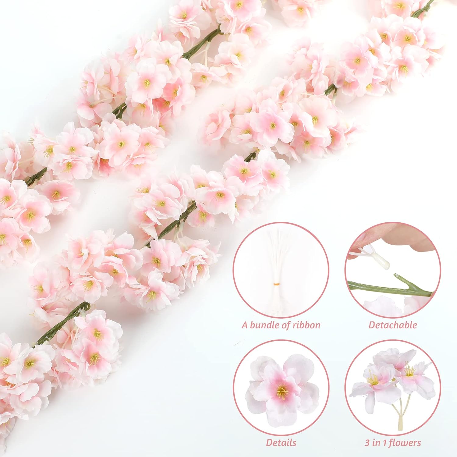 4-Pack 23.6 Ft Cherry Blossom Garland Cherry Blossom Hanging Vine Silk Sakura Vines Garland For Wedding Party Decor, Pink
