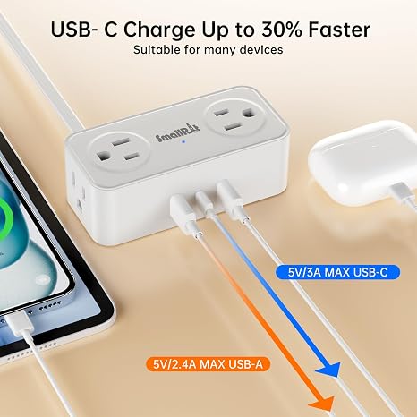 Flat Plug Power Strip 6 Outlets 3 USB Ports 6.5FT Extension Cord Charging Station White