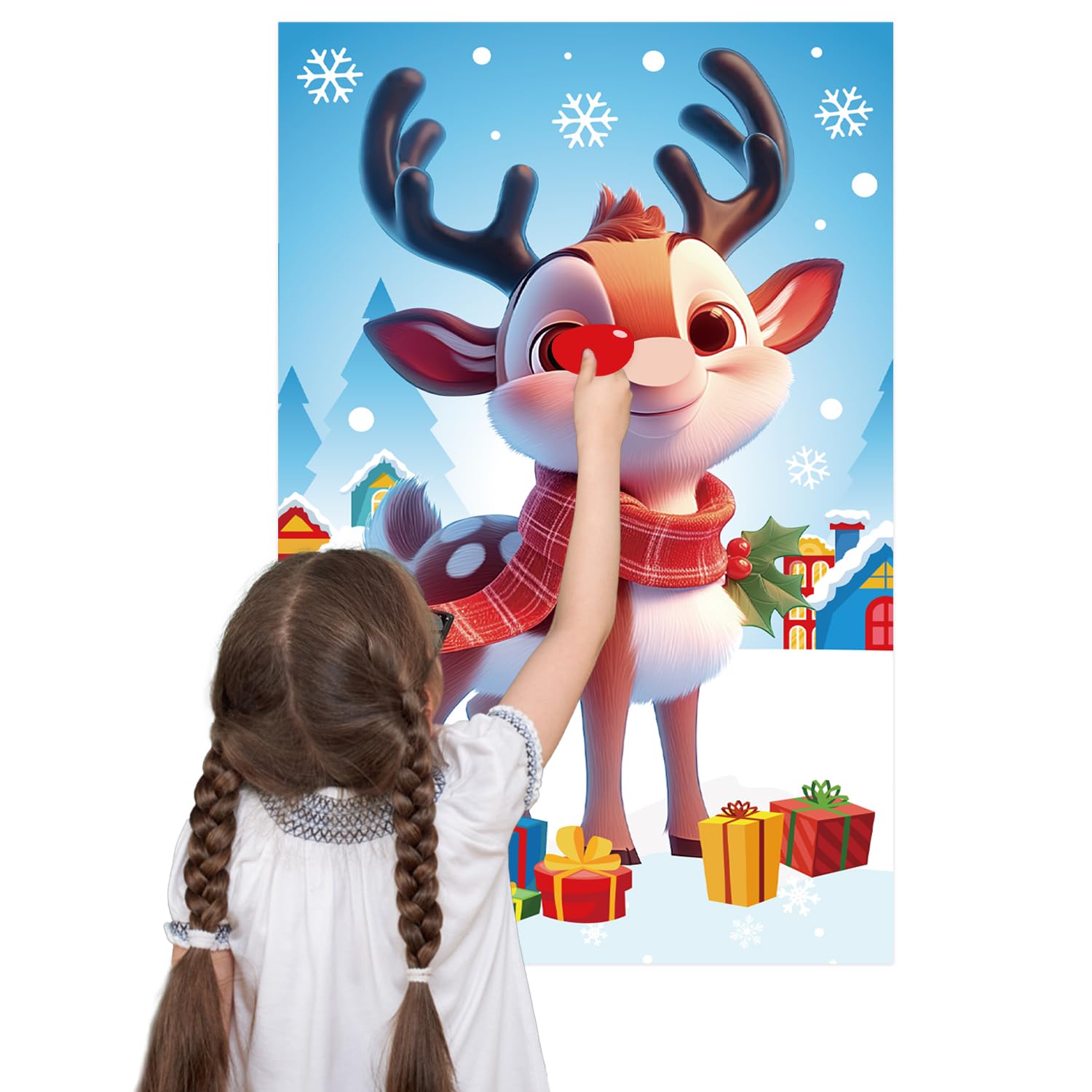 Pin The Nose On The Reindeer, Cute Christmas Pin The Nose On Rudolph Game Holiday Games For Kids Winter Party Game With Blindfold