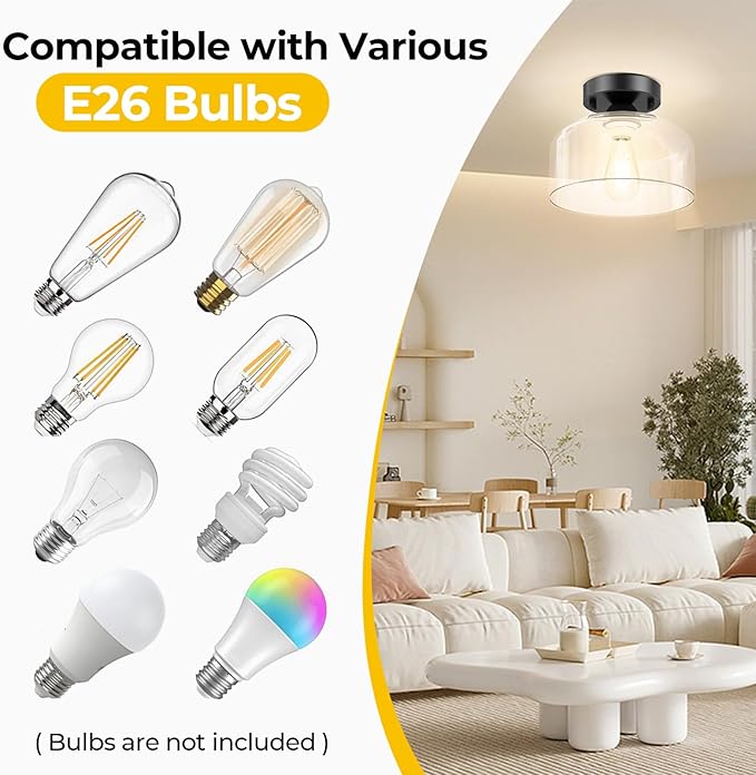 Semi Flush Mount Ceiling Light Matte Black Clear Glass Farmhouse Pendant Fixture