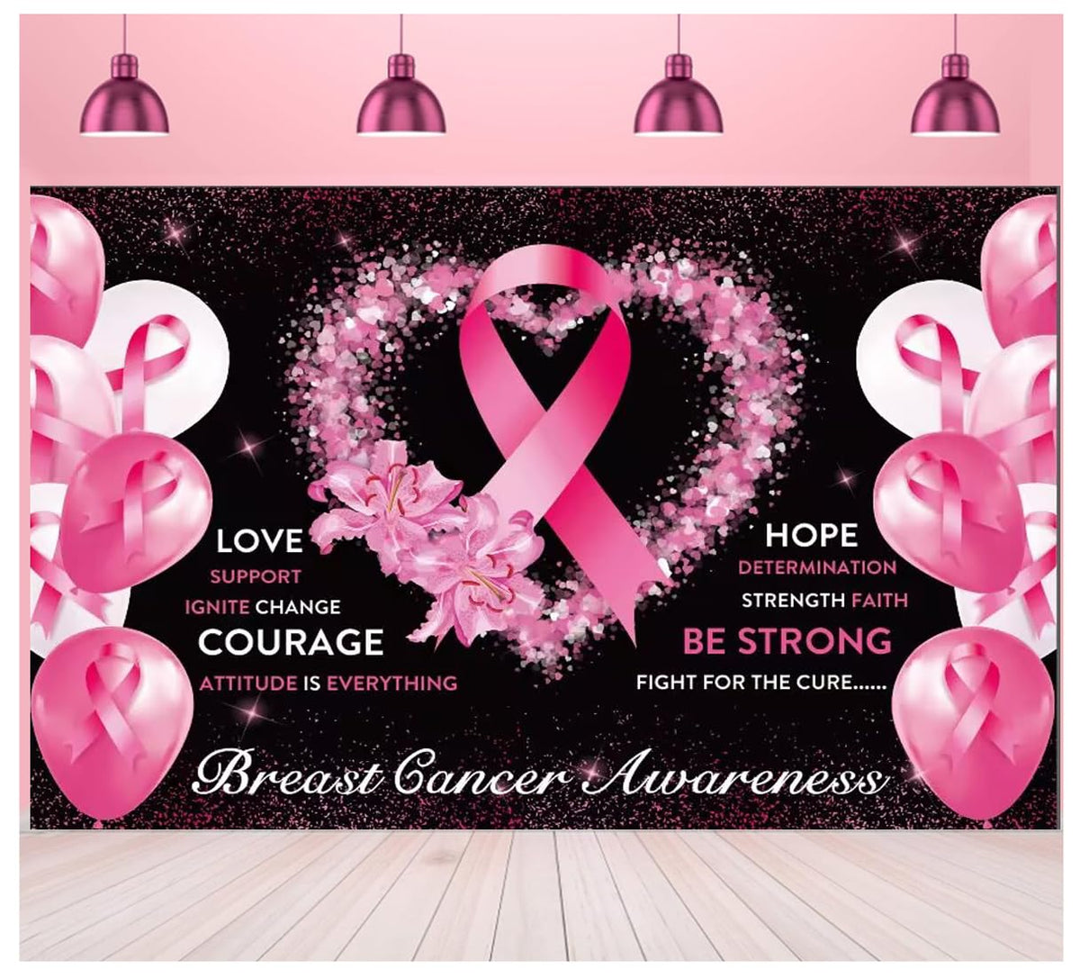 Breast Cancer Awareness Banner Backdrop Decorations Pink Ribbon Shapes Party Banner Breast Cancer Survivor Gifts Hope Faith Strength Courage Hanging Banner Breast Cancer Wall Pennants (style 4)