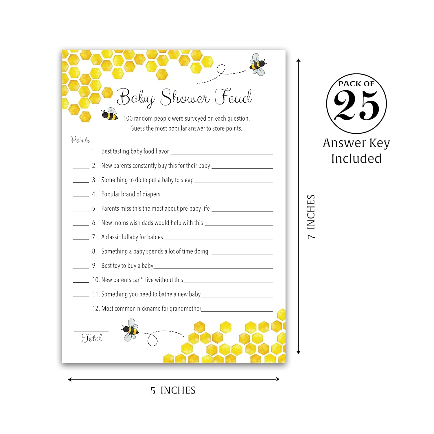 Bee Baby Shower Feud Game — Pack Of 25 — Fun Shower Family Feud Games, Mommy To Bee Bumble Bee Yellow Honeybee Bumblebee Rustic Gender Neutral Baby Shower Fued Activity G620-Bsf