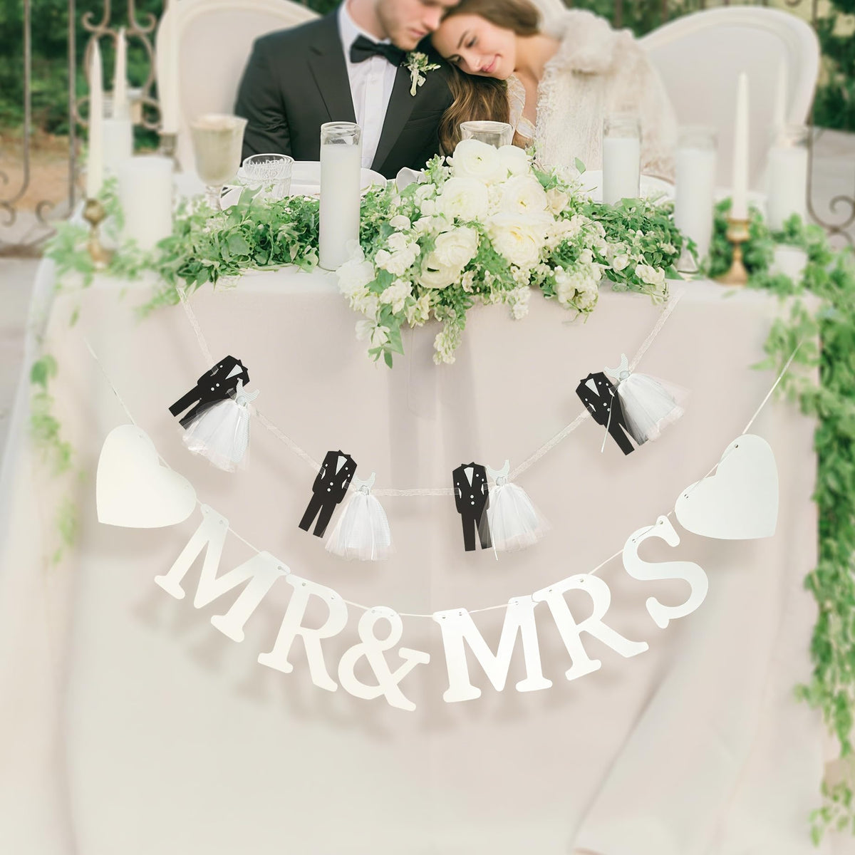 Mr and Mrs Banner for Wedding Reception, 2-Piece Bride and Groom Garland with Hearts and Tassels, Wedding Table Backdrop Decorations for Engagement Party