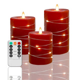 Red Flameless Candles With Remote Control Timer Battery Operated Led Pillar Candles 4‘’ 5‘’ 6‘’ Fake Candles With String Lights Set Of 3 For Christmas Or Special Festivals Decorations