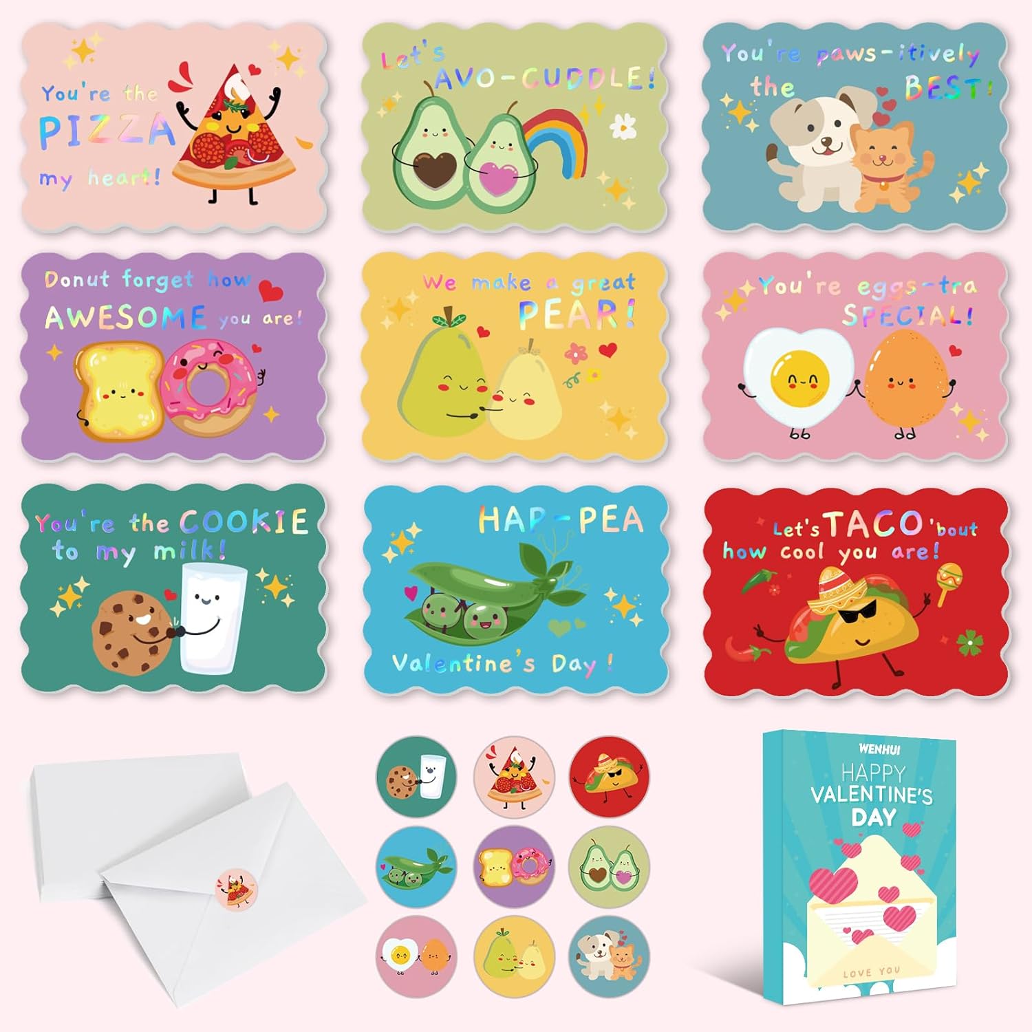 36 Pack Valentines Day Cards For Kids School, Gold Foil 4.7X3.2In Cute Classroom Cards With Envelopes & Stickers, 9 Fun Designs For School Exchange, Perfect For Kids, Friends, And Valentine’S Day Parties