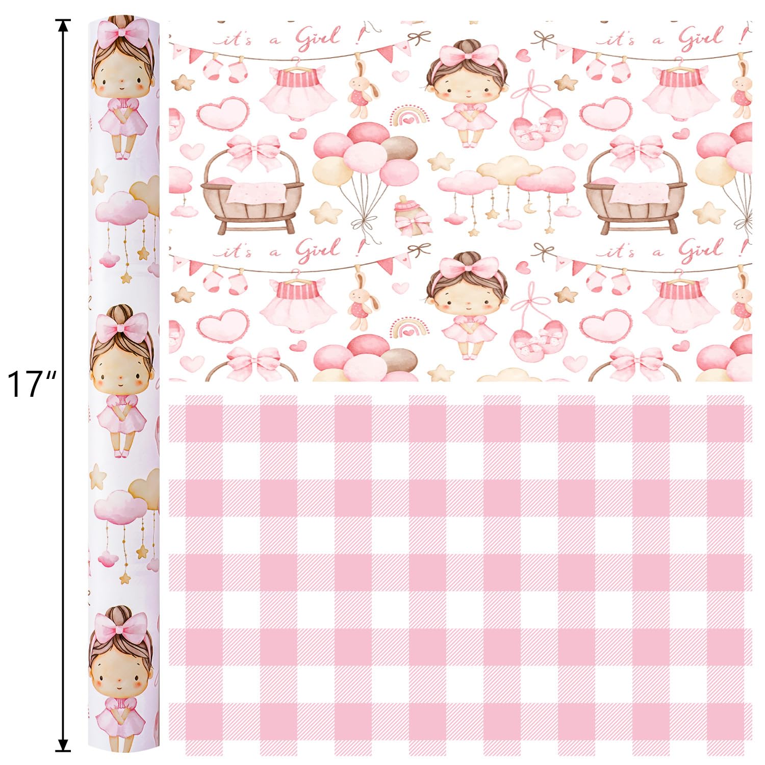 Baby Girl Wrapping Paper, Pink Wrapping Paper For Baby Shower, Cute Plaid & It'S A Girl Gift Wrap For 1St Birthday, Princess Party Celebrations, Kids Holiday (Mini Roll, 17 In X 33 Ft)