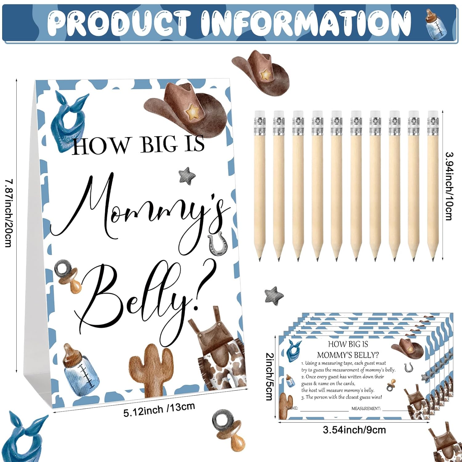 64 Pcs Baby Shower Games Include How Big Is Mommy'S Belly Sign Measure Bump Game 50 Cards 10 Pencils 3 Measuring Tapes For Baby Shower Gender Reveal Party Supplies(Cowboy)