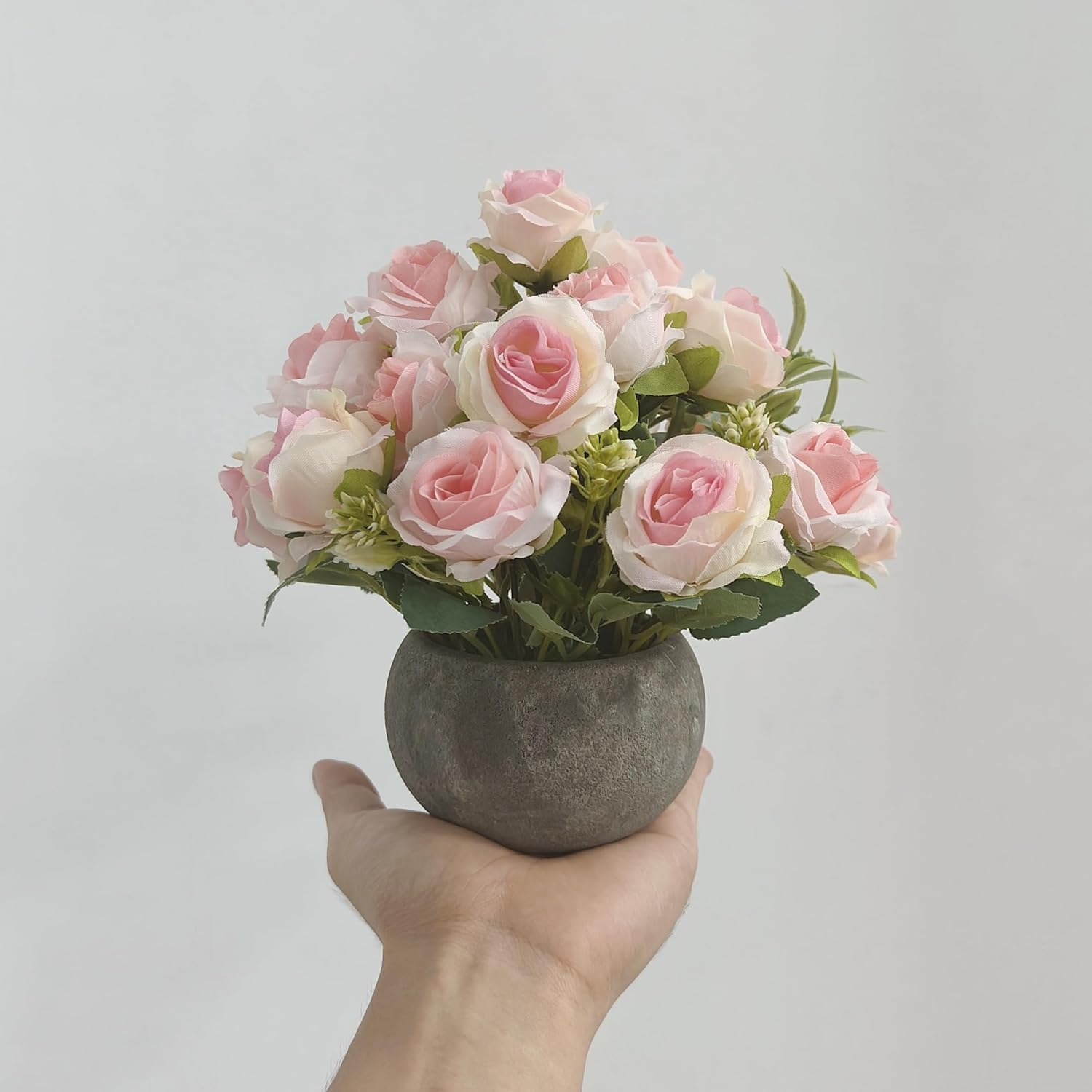 Artificial Flower Mini Potted Plant, Small Pink Roses + Paper Pulp Round Vase, Small Fake Plants Potted Plant Decoration, Suitable For Office, Bookshelf, Dining Table, Living Room, Desk, Wedding