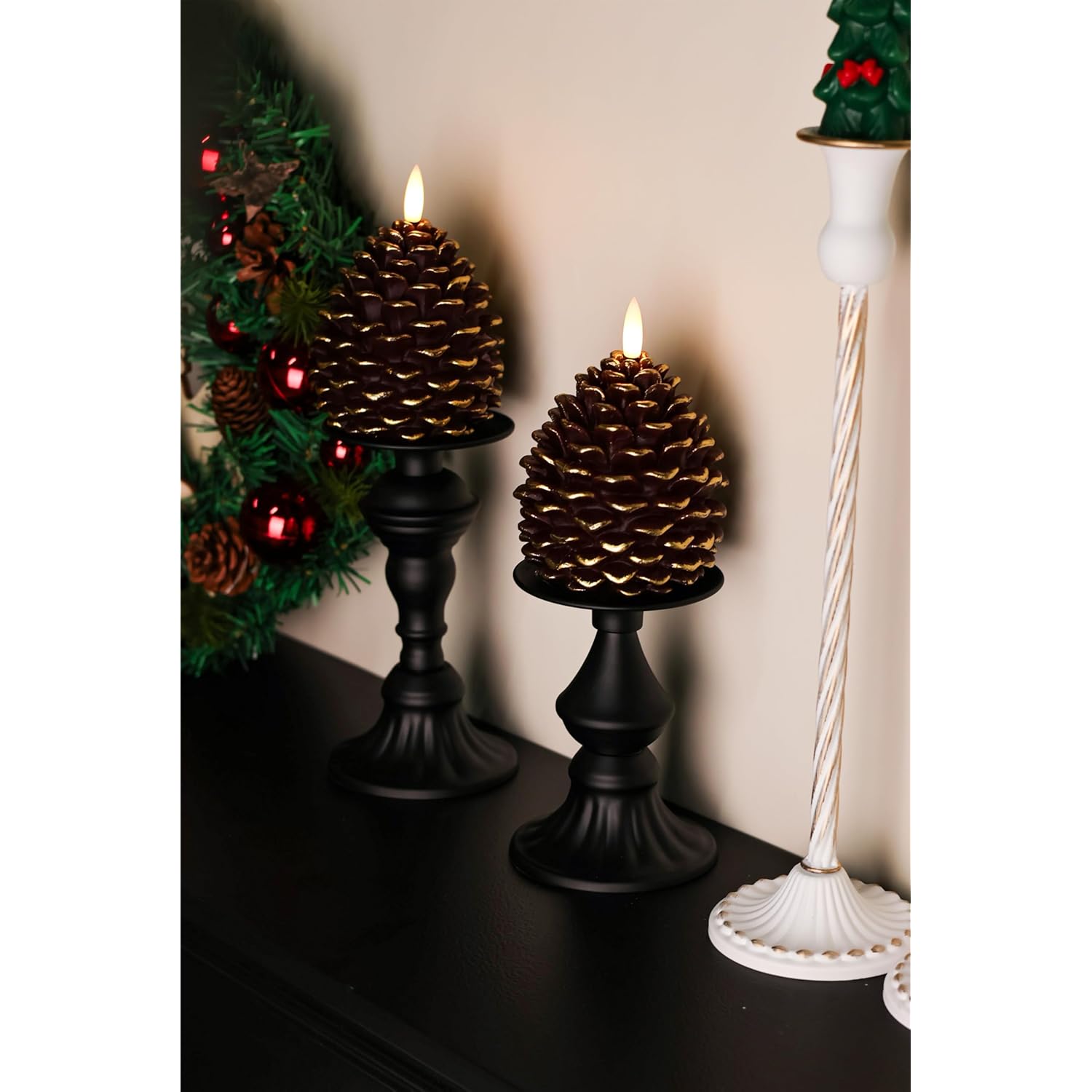 2Pcs Pine Cone Flameless Candles With Remote And Timer,Led Candles Battery Operated,Real Wax Window Candlesticks With Flickering 3D Flame For Christmas Decoration