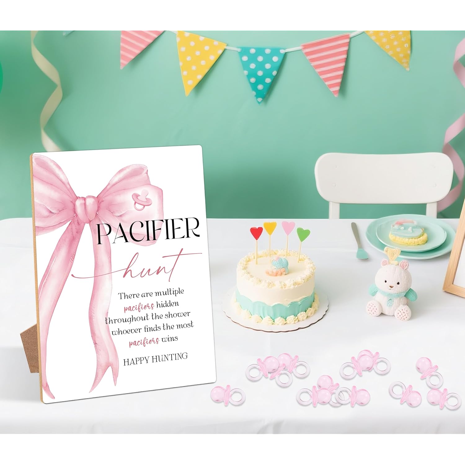 51 Pcs Pacifier Hunt Baby Shower Game, Include 1 Wood Sign And 50 Pacifiers, Pink Bow Theme Gender Reveal Games, Pink Baby Shower Decorations, Newborn Announcement Party Decor Supplies