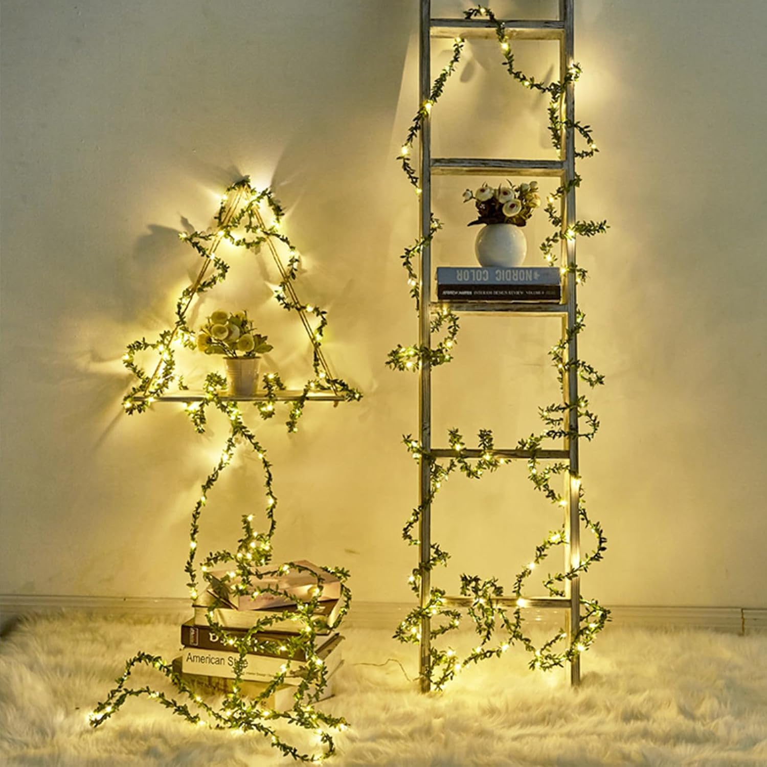 Vine String Lights, Green Leaf String Lights 16Ft 50 Led Battery Operated Artificial Garland Plant Vine Fairy Lights For