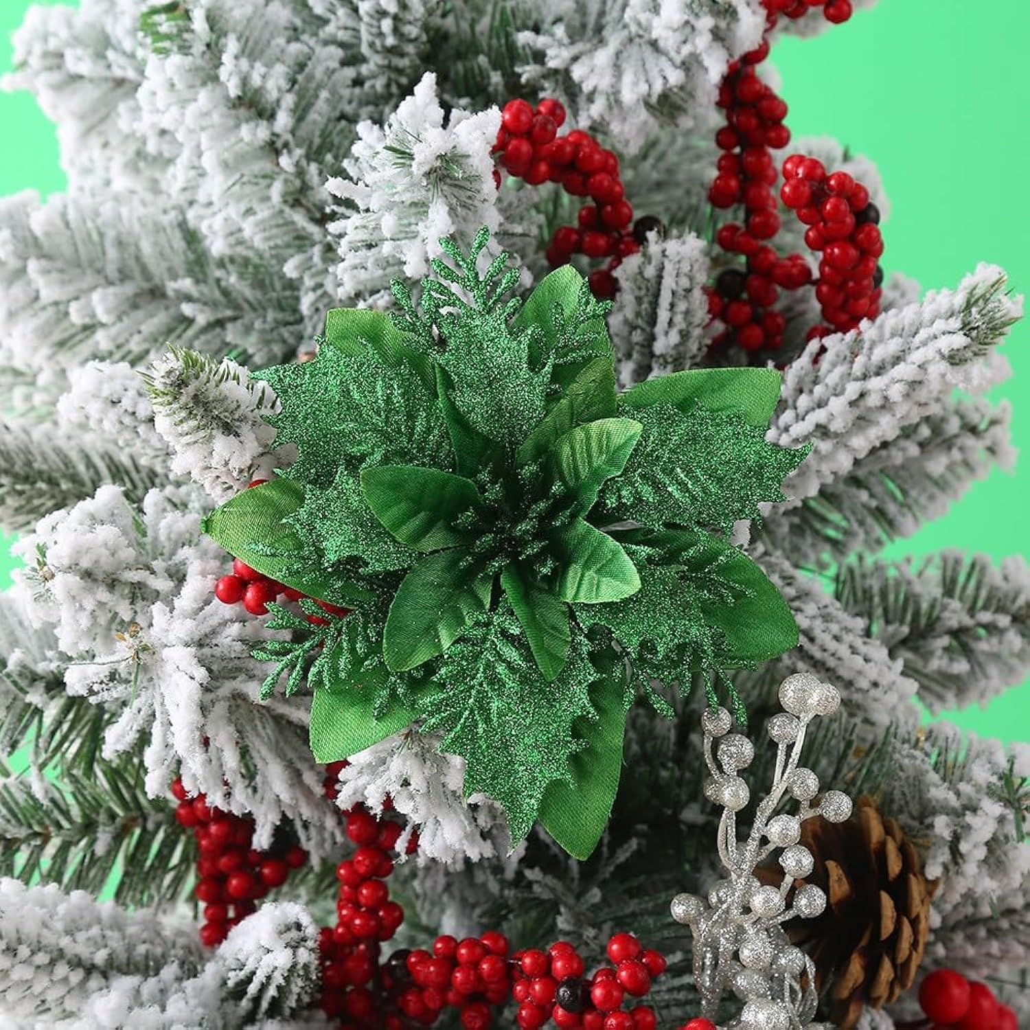 12Pcs Silk Shinning Sprakled Glitter Poinsettia Artificial Flower For Xmas Tree Christmas Decorations(Green,6 Inch)