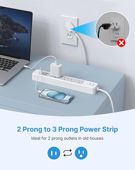 2 Prong to 3 Prong Power Strip Adapter with 6 ft Extension Cord