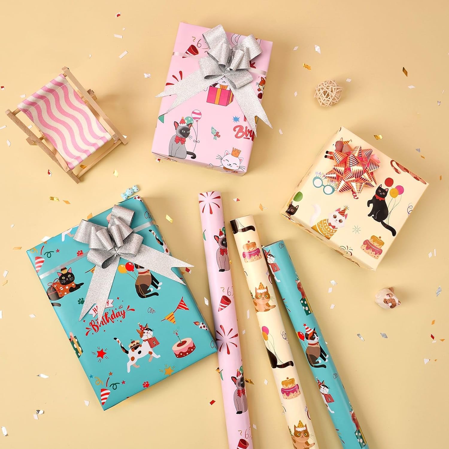 Cat Wrapping Paper Rolls - 3 Rolls 17” X 120” Happy Birthday Wrapping Paper Rolls Cat Birthday Gift Wrap Paper Rolls Kitten Wrapping Paper Bday Wrap Paper With Cutting Lines