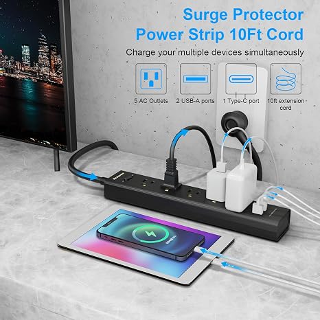 2 Pack Surge Protector Power Strip 10FT Extension Cord with 5 Outlets 3 USB Ports Flat Plug 700J