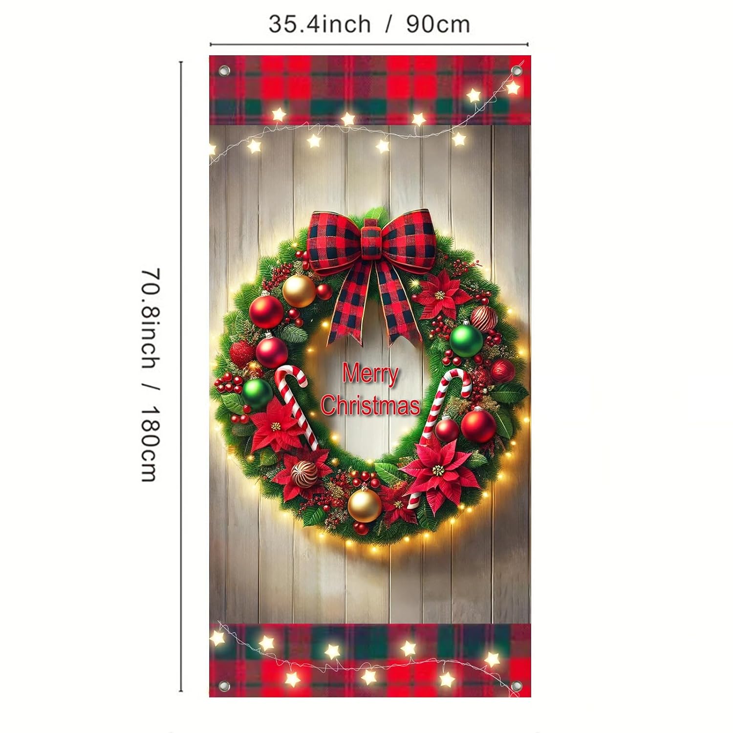 Plaid Christmas Door Banner 71X35 Inch Large Outdoor Holiday Decoration With Red Green Ornament Wreath Print And Buffalo Check Bow – Merry Christmas Backdrop For Porch Entryway Party