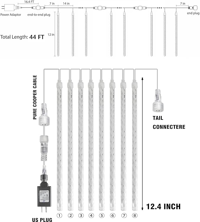 Christmas Meteor Shower Lights Outdoor 864 LED 24 Tube Waterproof White Icicle Snow Falling Plug In Lights