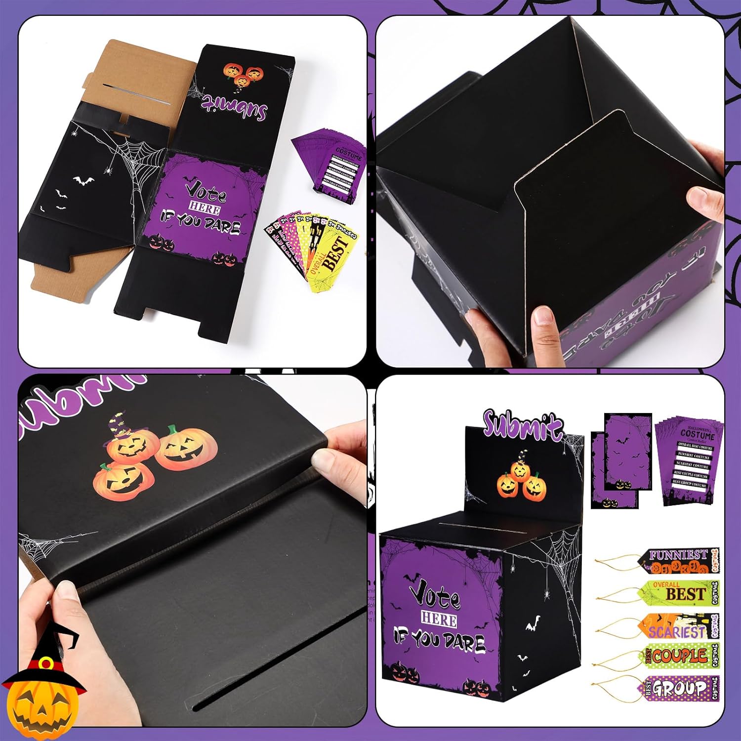 Halloween Costume Contest Ballot Box And 40 Voting Cards, 10 Award Prize Ribbons Fun Decorations, Halloween Party Supplies For Home Indoor Office And Party Games (Purple)