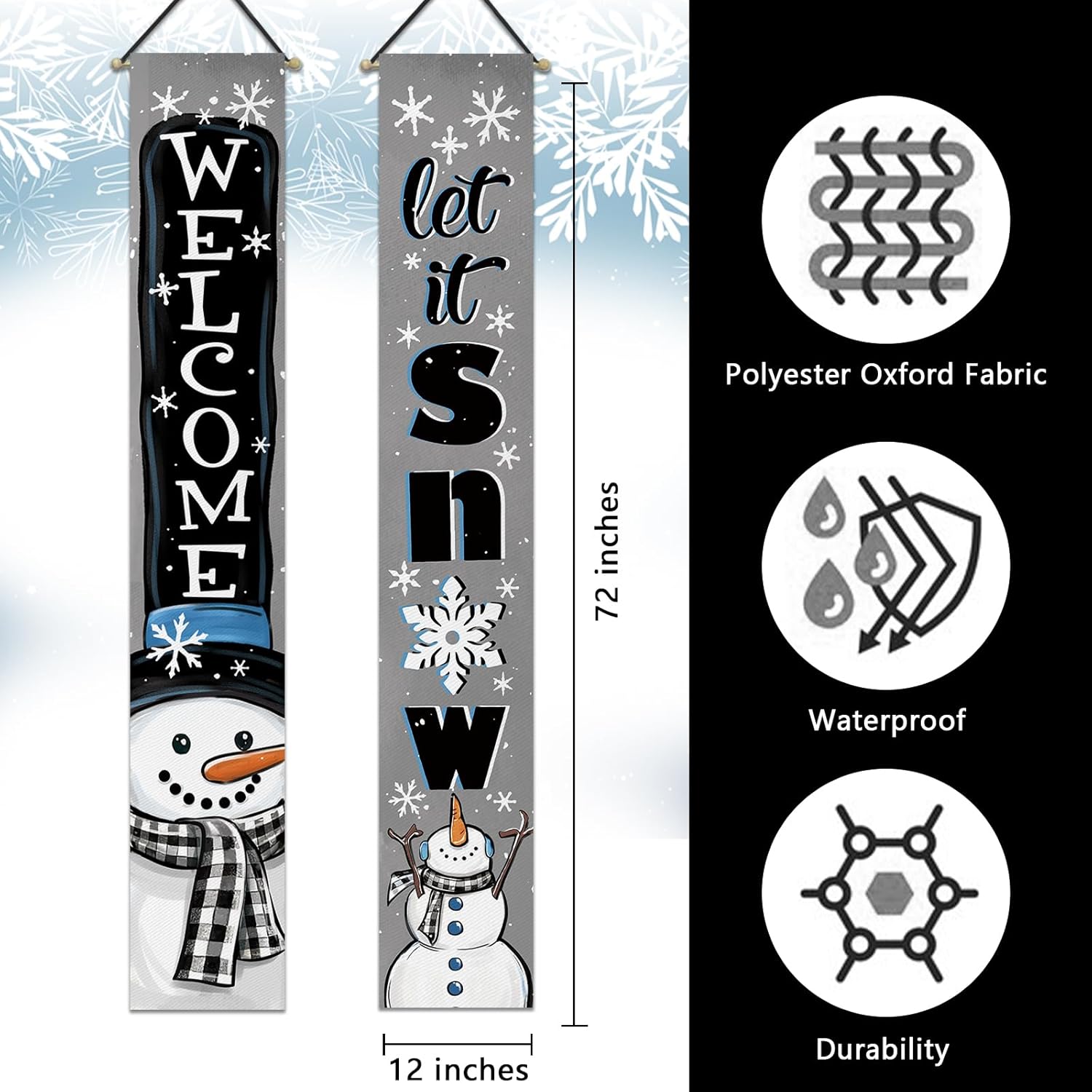 Welcome Winter Snowman Gray Porch Banner Sign, Let It Snow Snowflake Buffalo Plaid Check Door Decorative Hanging Banner Flag, Christmas Holiday Seasonal Decoration Home Outdoor Decor