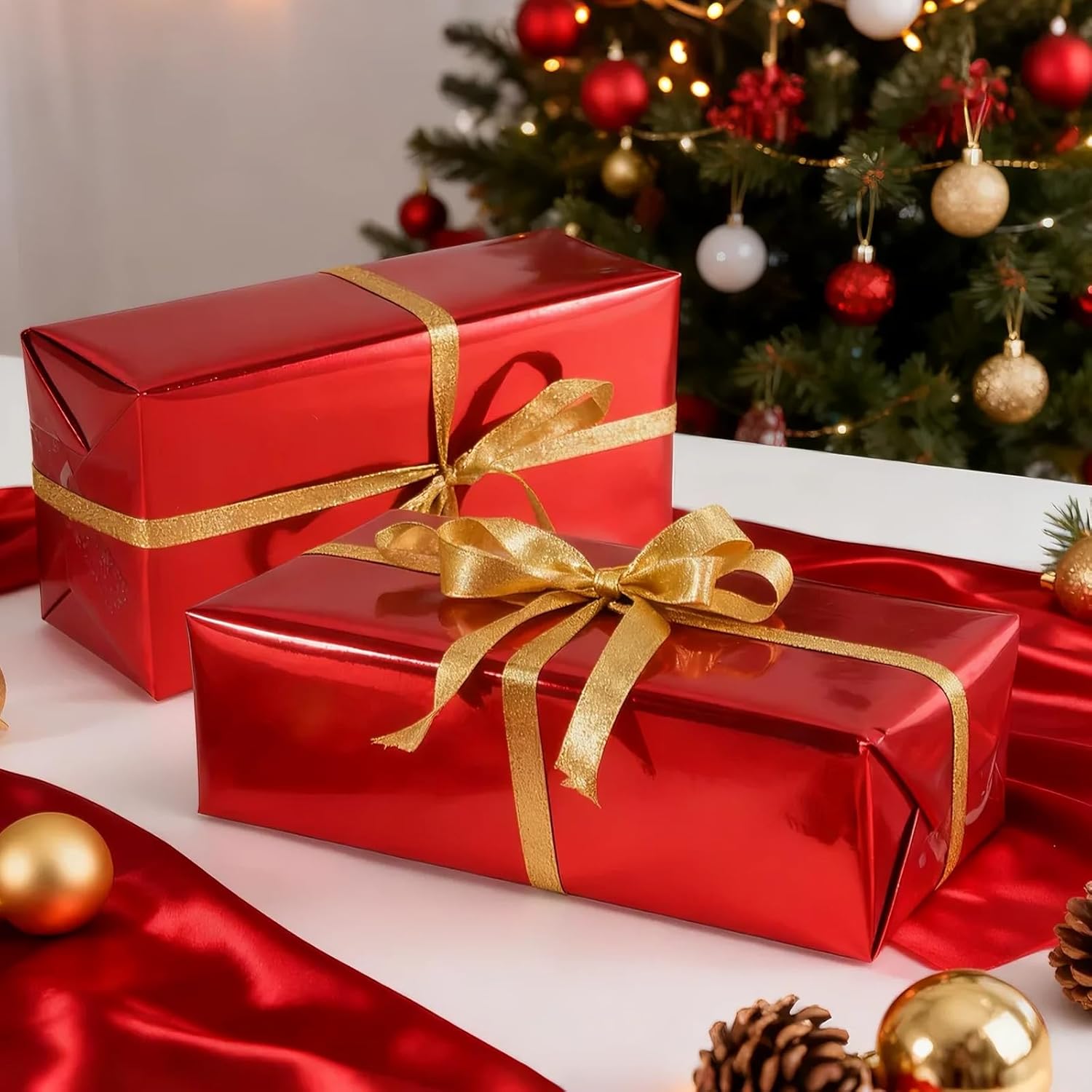 Red Metallic Wrapping Paper, 17Inch X 33Ft Solid Color Lustre Paper, Red Gift Wrapping Paper Roll With Grid Cutting Lines For Christmas, Mothers Day, Wedding, Bridal Shower, Valentines Day, Birthday