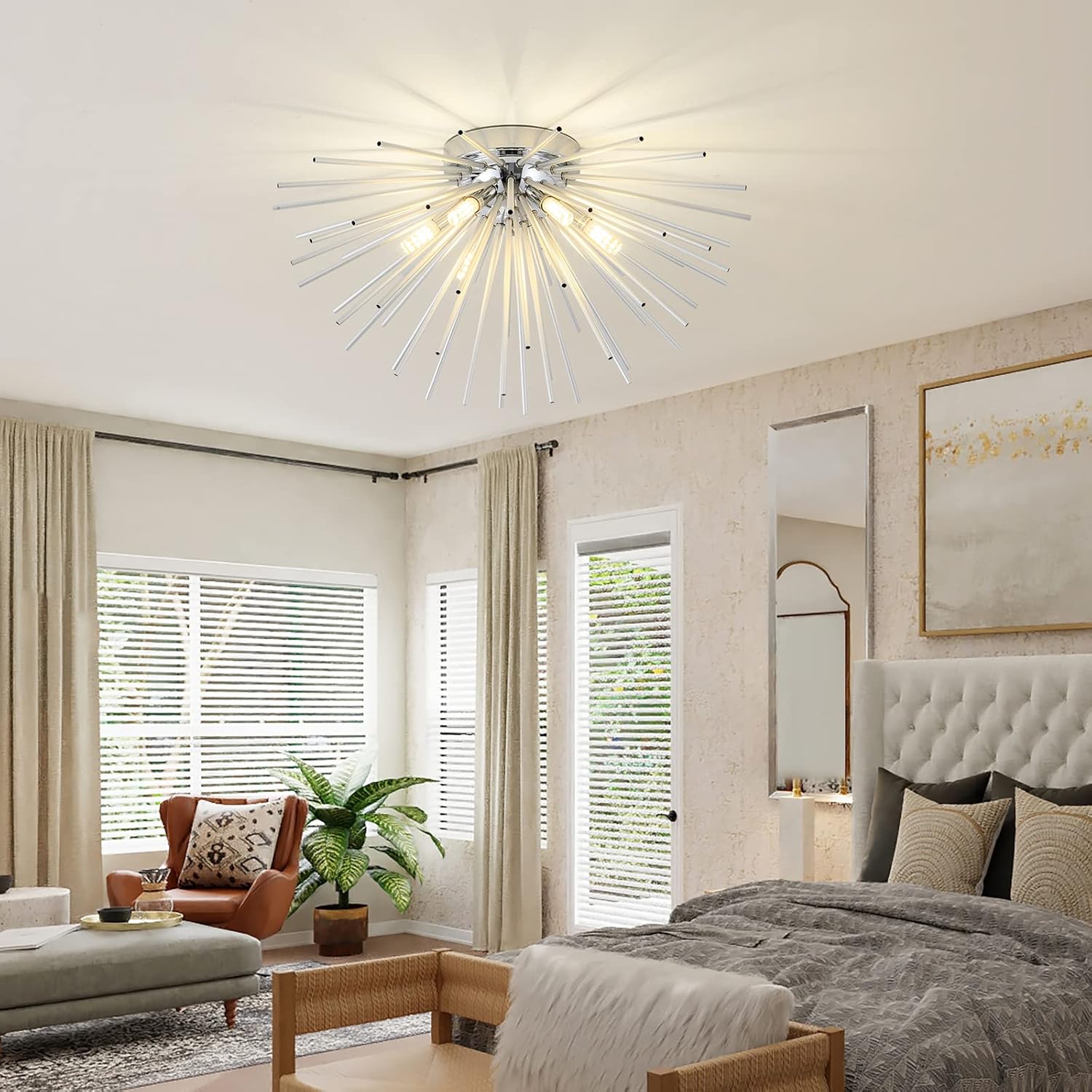 Sputnik Flush Mount Ceiling Light Fixture, 6-Light Chrome Firework Ceiling Lights, 19.6" Modern Chandeliers Close To Ceiling Lamp For Bedroom Kitchen Hallway Entryway, G9 Socket