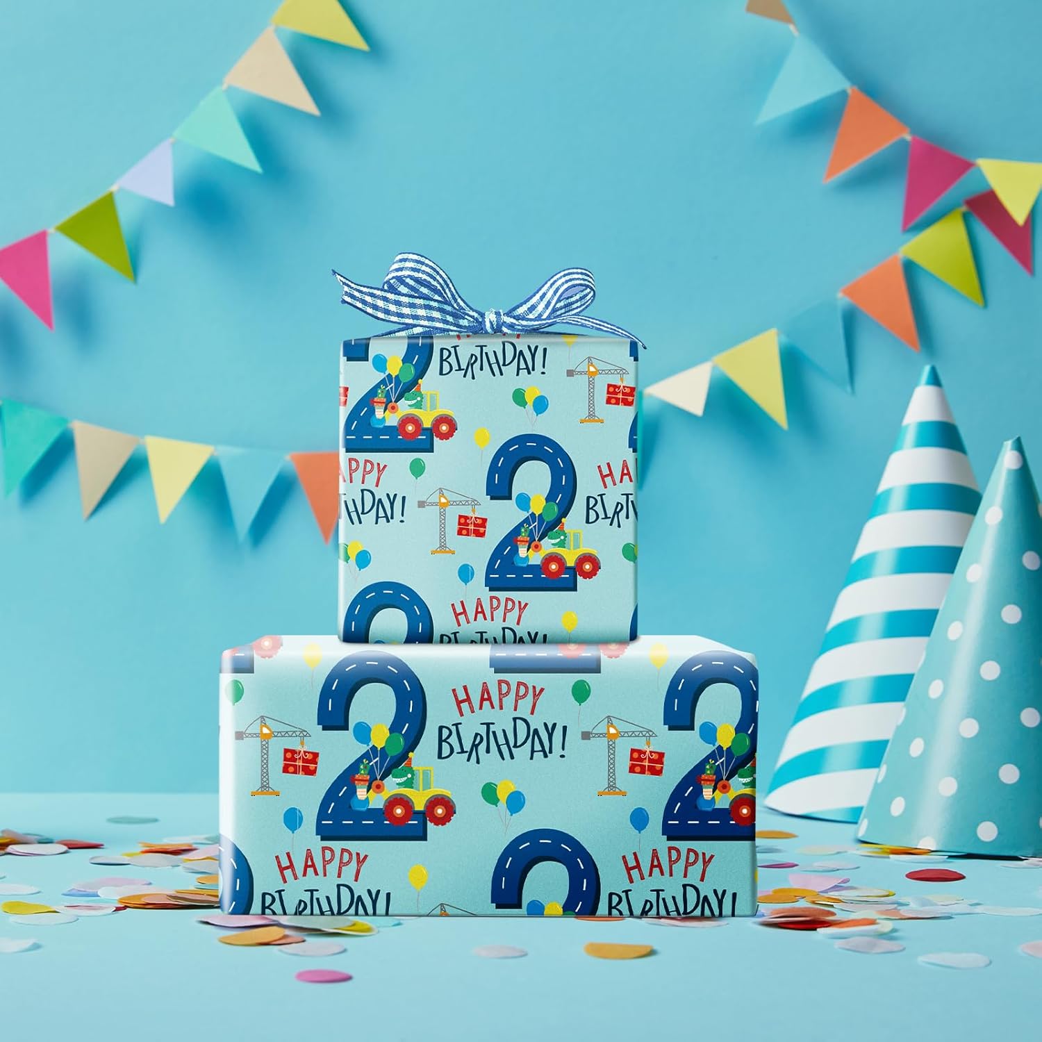 Birthday Wrapping Paper For Boy - Mini Roll - Dinosaur Truck Happy Birthday Design For Boys' Birthday Party And More - 17 Inches X 16.4 Feet - 2 Year Old
