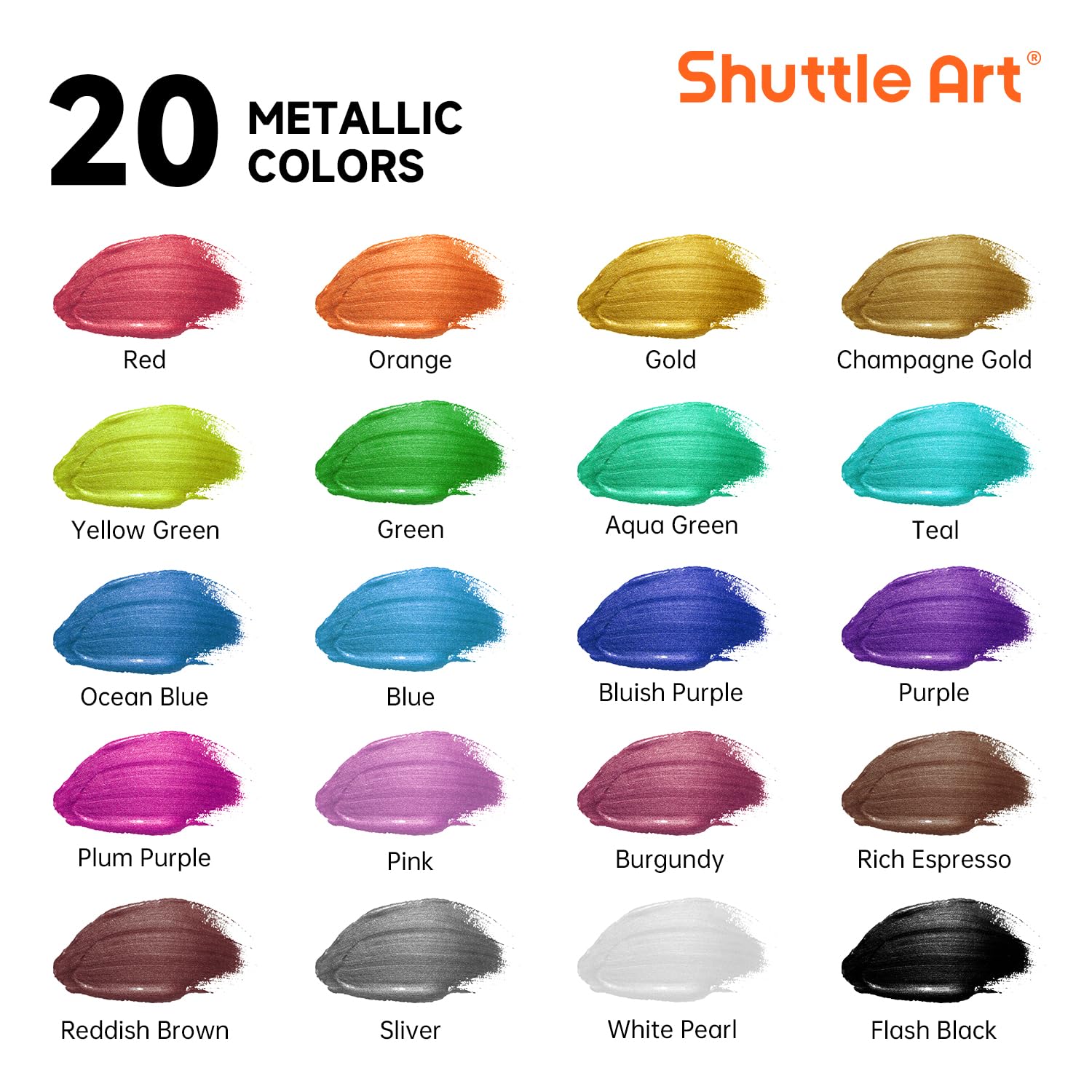 Metallic Acrylic Paint Set, 20 Colors Metallic Paint In Bottles (60Ml, 2Oz) With 10 Brushes And 1 Palette, Rich Pigments, Non-Toxic For Artists, Beginners On Rocks Crafts Canvaswood Fabric