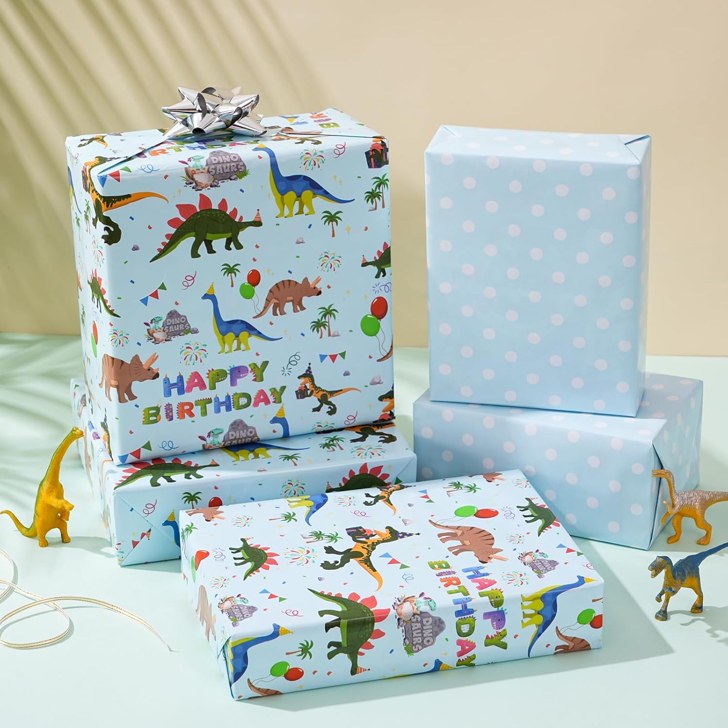 Dinosaur Reversible Wrapping Paper Roll - Boys & Girls Birthday Gift Wrapping Paper - 17 Inch X 33 Feet - Great For Baby Shower, Kids Party - Blue Dinosaur Design With White Polka Dots Back
