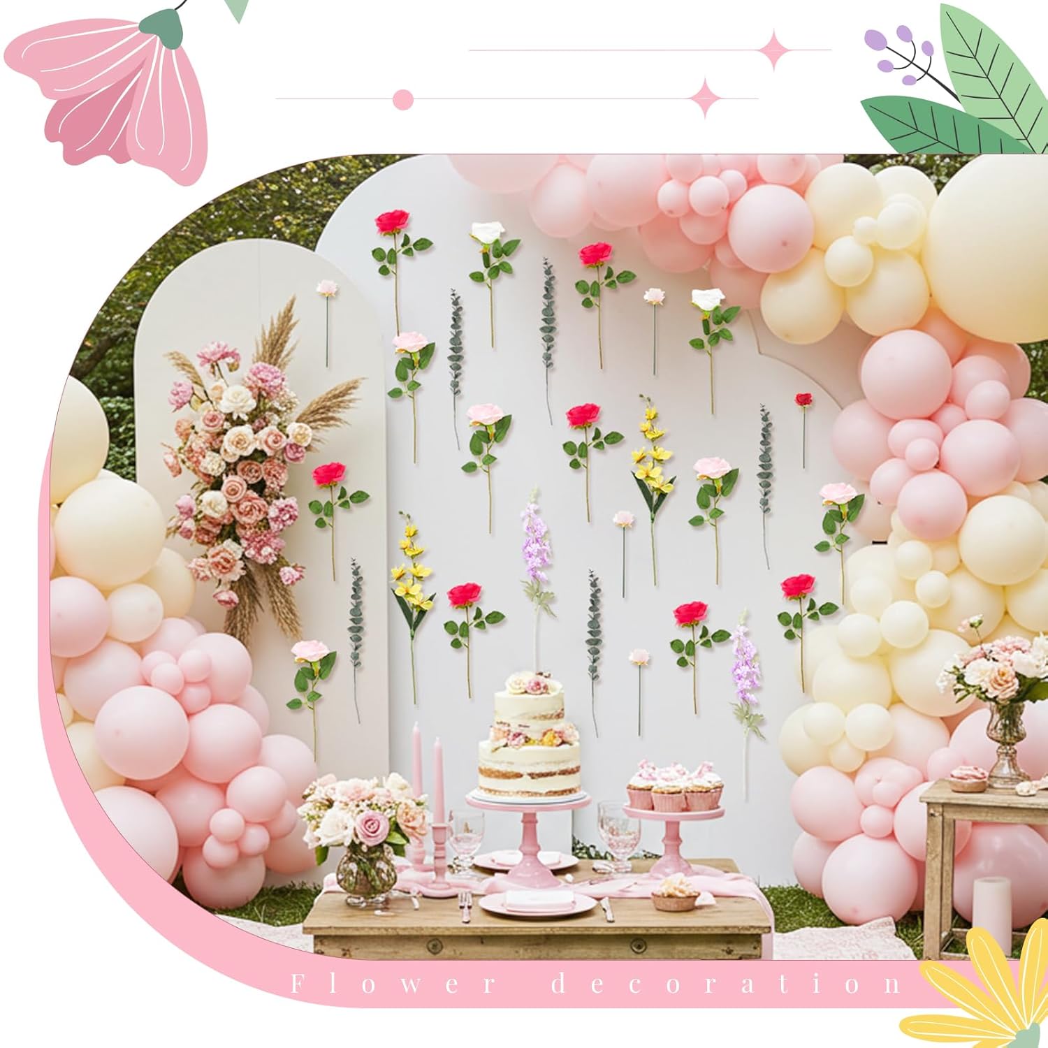 27 Pcs Artificial Wildflowers Large Size Wildflower Birthday Party Decorations For Background Backdrop Fake Flowers With Tape For Baby Shower Wedding Garden Tea Party Supplies