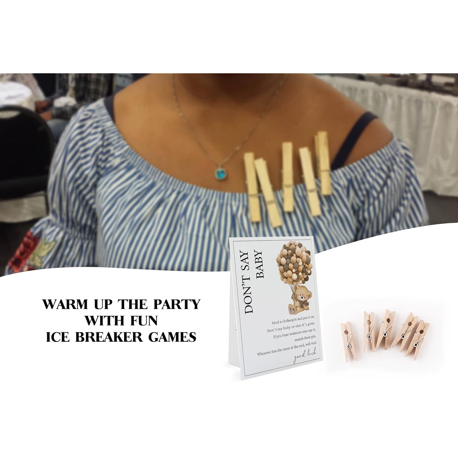 Bear Don'T Say Baby Game (1 Sign And 50 Mini Natural Clothespins) - Baby Shower Game, Gender Neutral