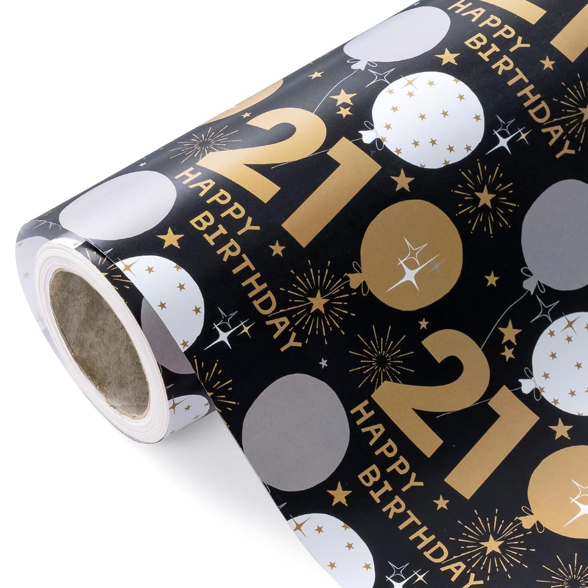 21St Birthday Wrapping Paper - Mini Roll - 17 Inch X 33 Feet - Black Gold Balloon Design For Birthday, Party, Holiday