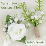 2Pcs White Baby’S Breath Corsage Wrist Flower Artificial Hand Flower And Boutonniere Set For Homecoming Graduation Prom Bridal Wedding Party