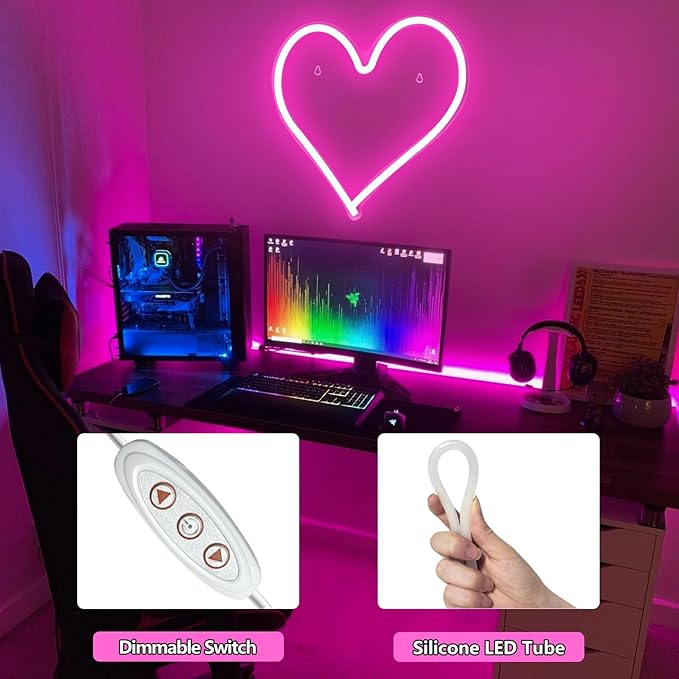Pink Heart Neon Sign Dimmable USB LED Wall Light 13.4 x 13 Inch for Bedroom Wedding Party Decor