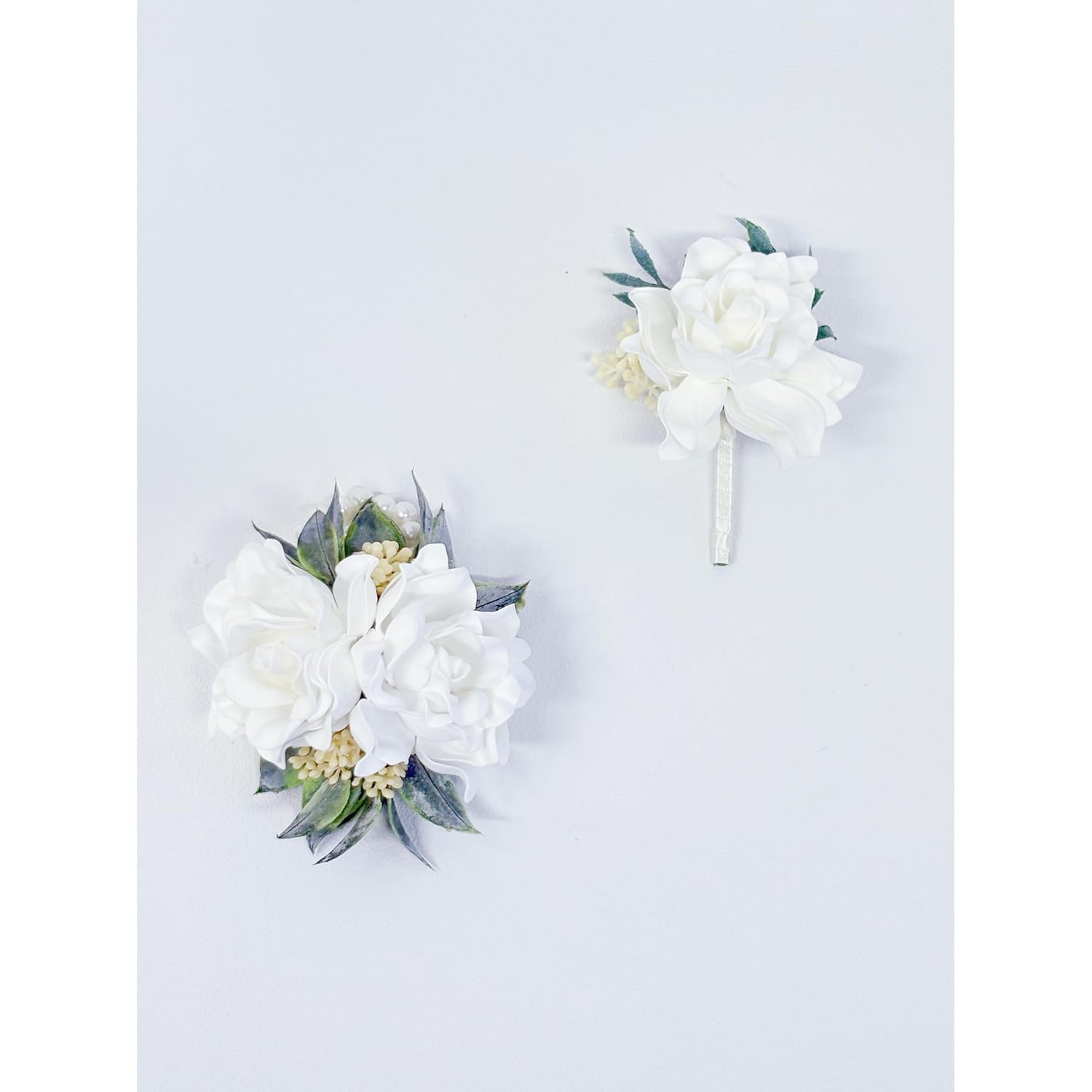 Ting & Cecilly White Corsage And Boutonniere Set For Wedding Flower Accessories Prom Suit Decorations (White)