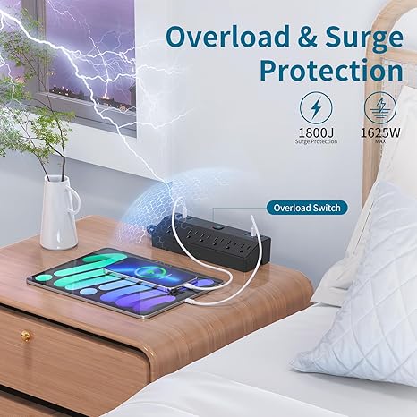 Home Theater Surge Protector Power Strip 12 Outlets 8FT Flat Plug Extension Cord 2880J TV Ethernet Protection