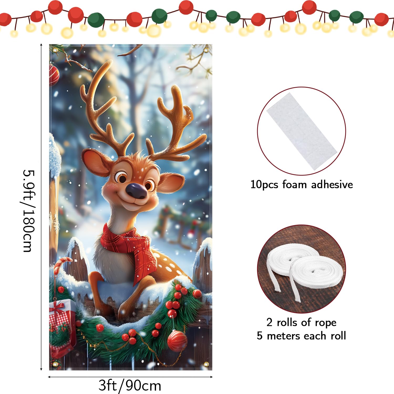 Christmas Door Cover Reindeer Decorations, 6Ft X 3Ft Cute Front Door Xmas Decorations Festive Fabric Door Covers Photo Booth Props