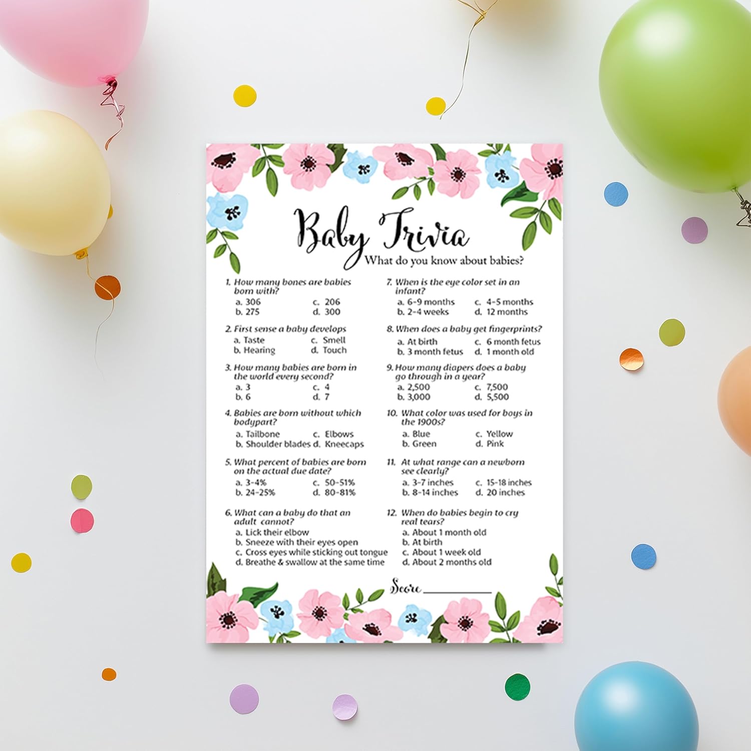 Gender Reveal Party Game — Baby Trivia Game — Pack Of 25 — Pink Or Blue Fun Baby Facts Games, Blue Or Pink Trivia Gender Neutral Floral Baby Shower Games Activities, Coed Couples Shower, Sku G750-Trv