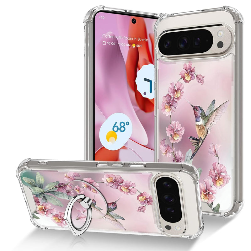 Pixel 9/9 Pro Clear Case, Pink Hummingbird, Shockproof TPU with Kickstand